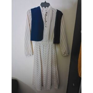 Unbranded Striped Midi Dress Women S Cream Tan VINTAGE Vest Accent Academia
